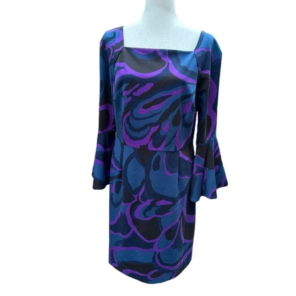 Trina Turk Size 14 Bell Sleeve Dress | Purple & Blue Swirl Geometric Mod Print - Picture 2 of 11